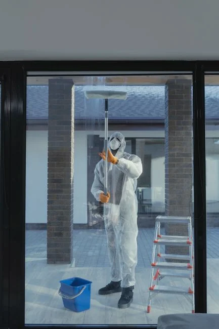 who-we-are Person in full protective gear disinfecting a leather couch indoors with attention to hygiene and safety.